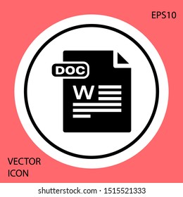 Black DOC file document. Download doc button icon isolated on red background. DOC file extension symbol. White circle button. Vector Illustration
