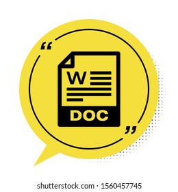 Black DOC file document. Download doc button icon isolated on white background. DOC file extension symbol. Yellow speech bubble symbol. Vector Illustration