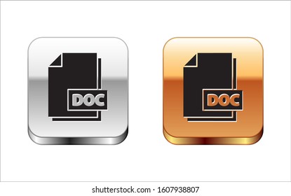 Black DOC file document. Download doc button icon isolated on white background. DOC file extension symbol. Silver-gold square button. Vector Illustration