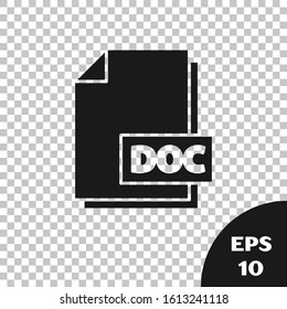 Black DOC file document. Download doc button icon isolated on transparent background. DOC file extension symbol.  Vector Illustration