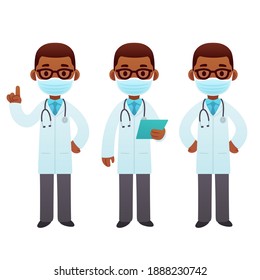 Black doctor cartoon illustration set. Male African American doctor in face mask standing and pointing. Cute cartoon medical character vector clip art.