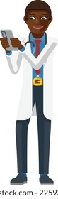 Black doctor confident happy healthcare cartoon character using a mobile phone