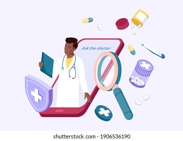 Black Doctor Online Concept. Collection Of Items Tablets, Medicines, Thermometer And Tablet. Flat Isometric Vector Illustration Isolated