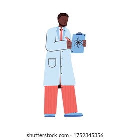 Black Doctor Or Scientist In Lab Coat Writing Notes In Clipboard Pad - African Man Holding Document With Atom Symbol In It. Physics Scientist, Isolated Vector Illustration.