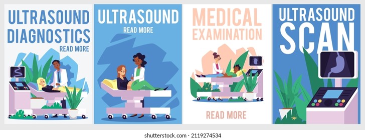 Black doctor take ultrasound examination of pregnant woman. Abdomen and stomach ultrasound diagnostics flat vector illustration. Radiology imaging device, cartoon medicine poster.