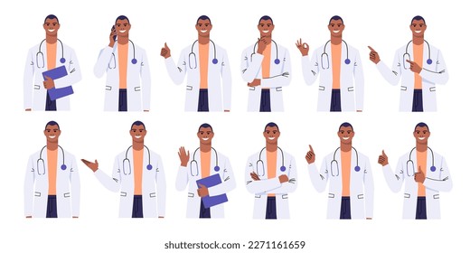 Black doctor with various gestures and poses. Man shows thumb up, Ok, hand, index fingers. Medic in a white coat thinks, crosses his arms, gives advice, says hello, makes a phone call. Flat vector.