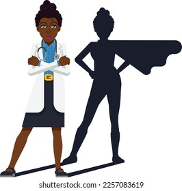 Black doctor woman confident happy healthcare cartoon character with her shadow revealing her to be a super hero