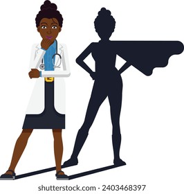 Black doctor woman confident happy healthcare cartoon character with her shadow revealing her to be a super hero