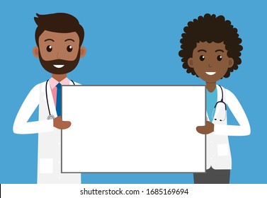 Black doctors man and woman holding empty signboard for health advertisements - Vector illustration