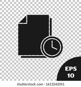 Black Document with clock icon isolated on transparent background. Document and countdown, deadline, schedule, planning symbol.  Vector Illustration