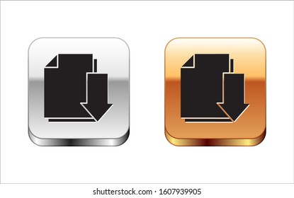 Black Document with download icon isolated on white background. File document symbol. Silver-gold square button. Vector Illustration