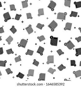 Black Document with download sign icon isolated seamless pattern on white background. File document symbol.  Vector Illustration