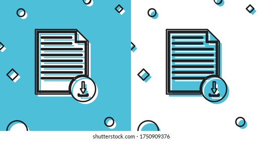 Black Document with download sign icon isolated on blue and white background. File document symbol. Random dynamic shapes. Vector Illustration