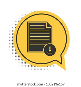 Schwarzes Dokument mit Download-Zeichen Symbol einzeln auf weißem Hintergrund. Dateidokumentsymbol. Symbol für gelbe Sprachblase. Vektorgrafik.