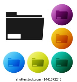 Black Document folder icon isolated on white background. Accounting binder symbol. Bookkeeping management. Set icons colorful circle buttons. Vector Illustration