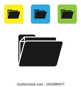 Black Document folder icon isolated on white background. Accounting binder symbol. Bookkeeping management. Set icons colorful square buttons. Vector Illustration