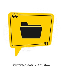 Black Document folder icon isolated on white background. Accounting binder symbol. Bookkeeping management. Yellow speech bubble symbol. Vector Illustration
