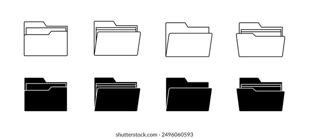 Conjunto de iconos de Vector de carpeta de documentos negro, icono de contorno, símbolo de correo, Diseño gráfico de computadora en estilo plano, ilustración de negocios, Vector Stock