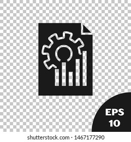 Black Document with graph chart icon isolated on transparent background. Report text file icon. Accounting sign. Audit, analysis, planning.  Vector Illustration