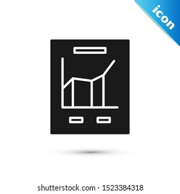 Black Document with graph chart icon isolated on white background. Report text file icon. Accounting sign. Audit, analysis, planning.  Vector Illustration