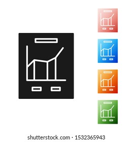 Black Document with graph chart icon isolated on white background. Report text file icon. Accounting sign. Audit, analysis, planning. Set icons colorful. Vector Illustration