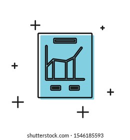 Black Document with graph chart icon isolated on white background. Report text file icon. Accounting sign. Audit, analysis, planning.  Vector Illustration