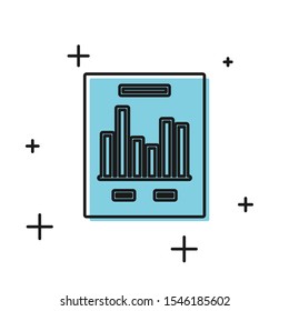Black Document with graph chart icon isolated on white background. Report text file icon. Accounting sign. Audit, analysis, planning.  Vector Illustration