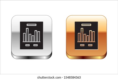 Black Document with graph chart icon isolated on white background. Report text file icon. Accounting sign. Audit, analysis, planning. Silver-gold square button. Vector Illustration