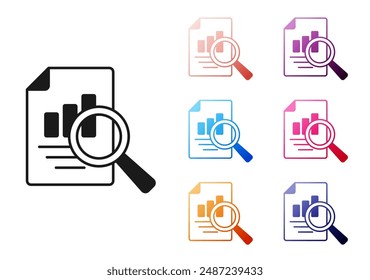 Black Document with graph chart icon isolated on white background. Report text file icon. Accounting sign. Audit, analysis, planning. Set icons colorful. Vector