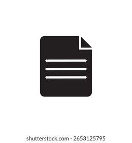 Ícone de documento preto com canto ondulado e três linhas no plano de fundo branco. O ícone representa um documento ou arquivo, com um detalhe de canto recusado.