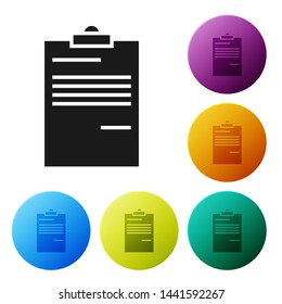 Black Document icon isolated on white background. File icon. Checklist icon. Business concept.  Set icons colorful circle buttons. Vector Illustration