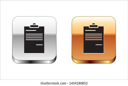 Black Document icon isolated on white background. File icon. Checklist icon. Business concept.  Silver-gold square button. Vector Illustration