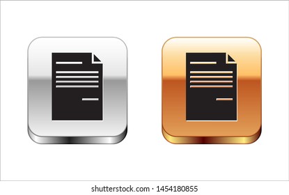 Black Document icon isolated on white background. File icon. Checklist icon. Business concept.  Silver-gold square button. Vector Illustration