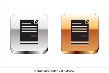 Black Document icon isolated on white background. File icon. Checklist icon. Business concept.  Silver-gold square button. Vector Illustration