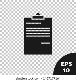 Black Document icon isolated on transparent background. File icon. Checklist icon. Business concept.   Vector Illustration