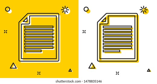 Black Document icon isolated on yellow and white background. File icon. Checklist icon. Business concept. Random dynamic shapes. Vector Illustration