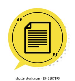 Black Document icon isolated on white background. File icon. Checklist icon. Business concept. Yellow speech bubble symbol. Vector Illustration