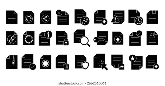 Ícone de documento preto Um conjunto de glifos de gerenciamento de arquivos Projeto de vetor Projeto Coleções de ilustrações isoladas