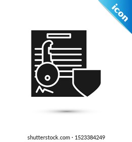Black Document with key with shield icon isolated on white background. Key insurance. Security, safety, protection, protect concept.  Vector Illustration