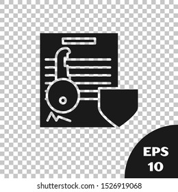 Black Document with key with shield icon isolated on transparent background. Key insurance. Security, safety, protection, protect concept.  Vector Illustration