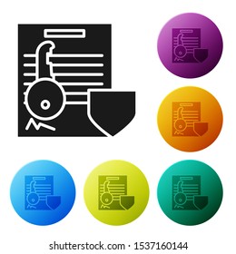 Black Document with key with shield icon isolated on white background. Key insurance. Security, safety, protection, protect concept. Set icons colorful circle buttons. Vector Illustration
