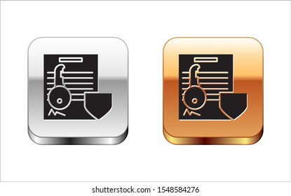 Black Document with key with shield icon isolated on white background. Key insurance. Security, safety, protection, protect concept. Silver-gold square button. Vector Illustration