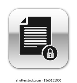 Black Document and lock icon isolated on white background. File format and padlock. Security, safety, protection concept. Silver square button. Vector Illustration