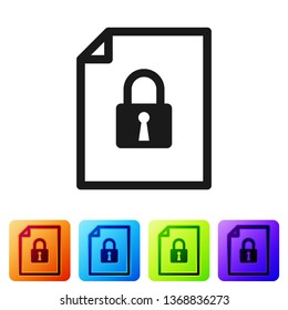 Black Document and lock icon isolated on white background. File format and padlock. Security, safety, protection concept. Set icon in color square buttons. Vector Illustration