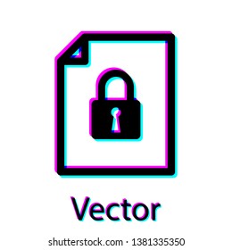 Black Document and lock icon isolated on white background. File format and padlock. Security, safety, protection concept. Vector Illustration
