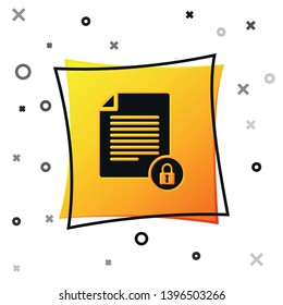 Black Document and lock icon isolated on white background. File format and padlock. Security, safety, protection concept. Yellow square button. Vector Illustration