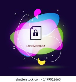 Black Document and lock icon isolated on dark blue background. File format and padlock. Security, safety, protection concept. Abstract banner with liquid shapes. Vector Illustration