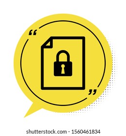Black Document and lock icon isolated on white background. File format and padlock. Security, safety, protection concept. Yellow speech bubble symbol. Vector Illustration