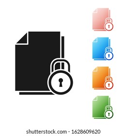 Black Document and lock icon isolated on white background. File format and padlock. Security, safety, protection concept. Set icons colorful. Vector Illustration
