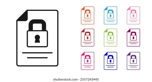 Black Document and lock icon isolated on white background. File format and padlock. Security, safety, protection concept. Set icons colorful. Vector